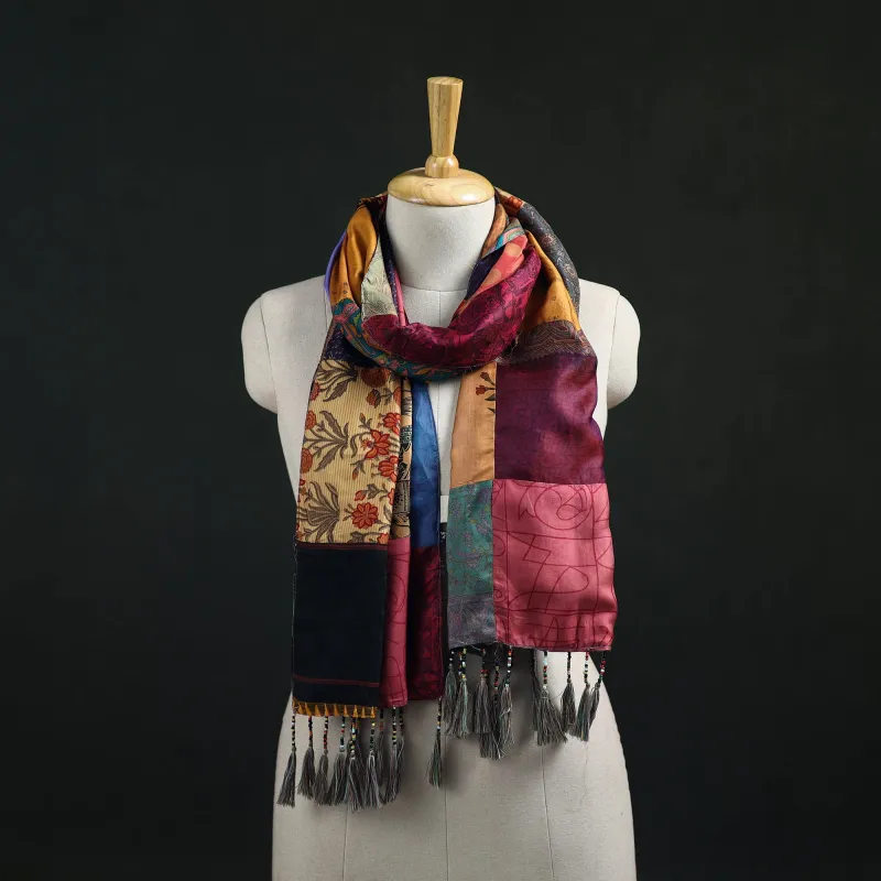 Multicolor - Pure Silk Reversible Patchwork Stole with Tassels 15 made by Itokri