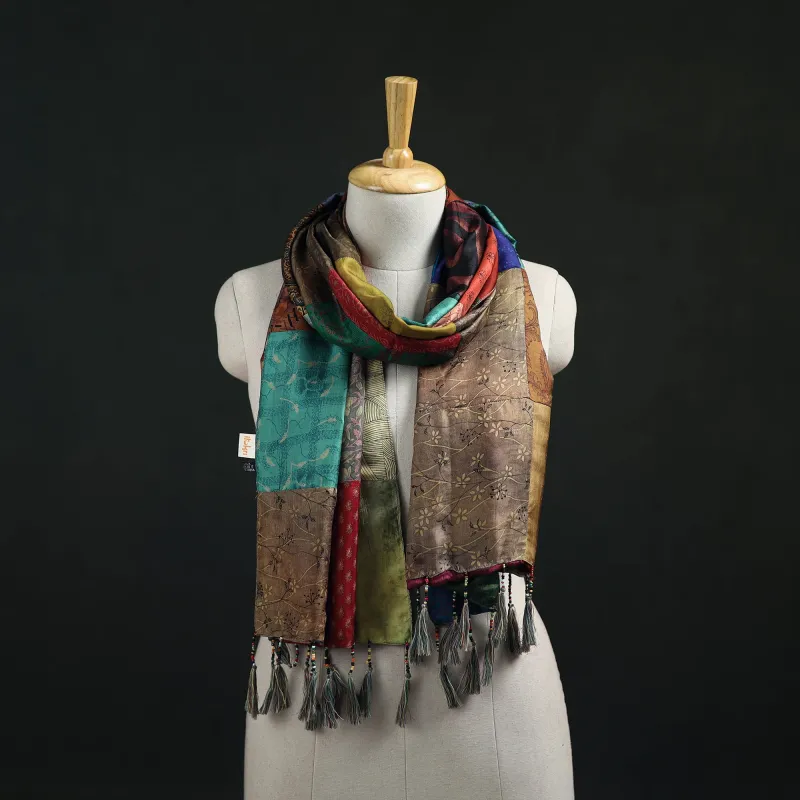 Multicolor - Pure Silk Reversible Patchwork Stole with Tassels 12 made by Itokri