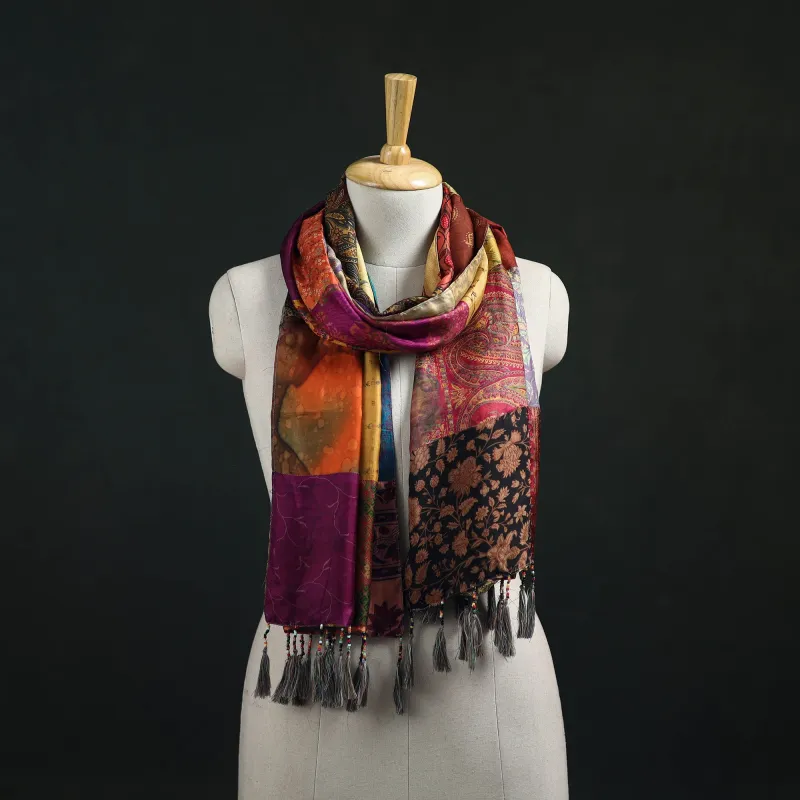 Multicolor - Pure Silk Reversible Patchwork Stole with Tassels 05 made by Itokri