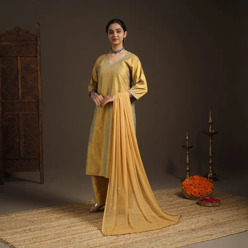 Yellow - Slub Silk Embroidered Plain Kurta Set (Set of 3) 03 made by Itokri