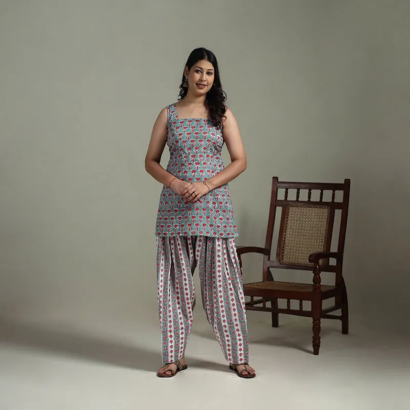 Sanganeri Hand Block Print Cotton Short Kurta with Farshi Salwar Set for women 07 made by Itokri