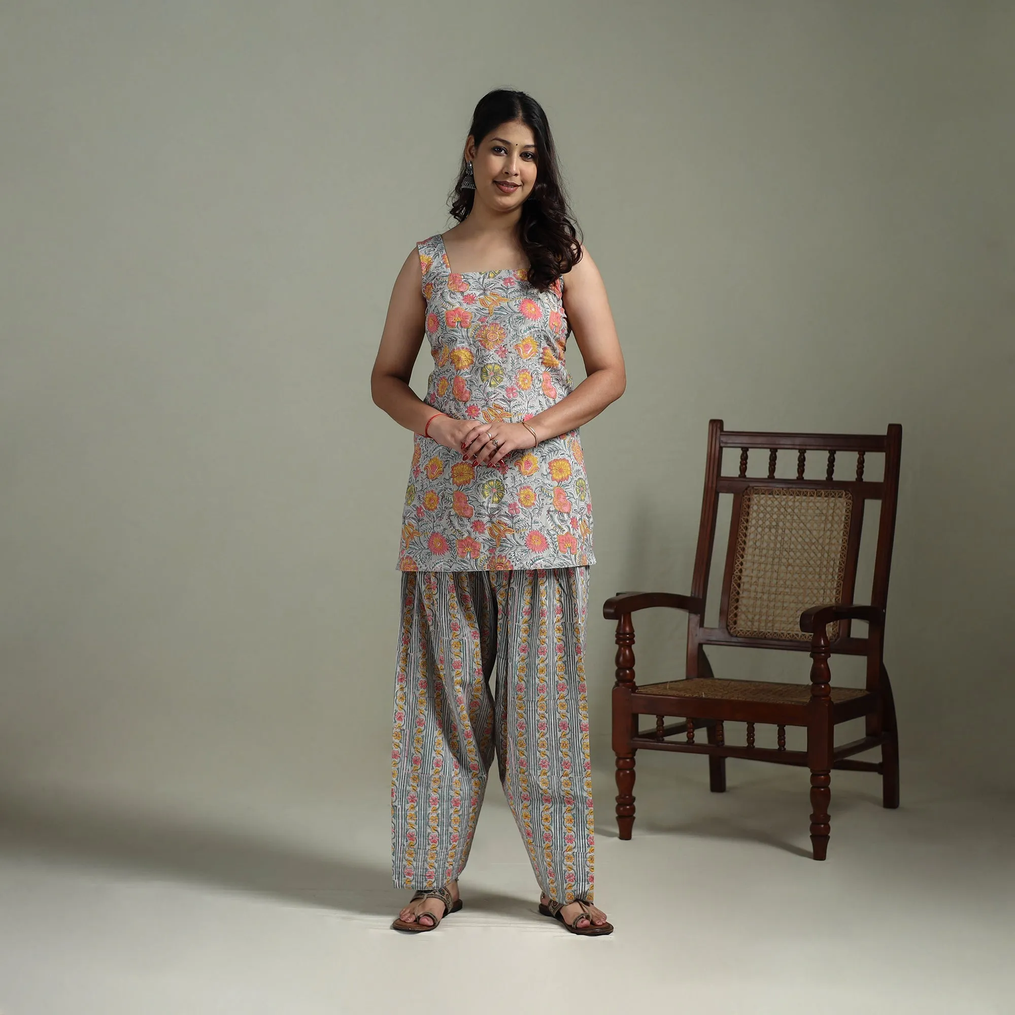 Sanganeri Hand Block Print Cotton Short Kurta with Farshi Salwar Set for women 06 sold by Itokri