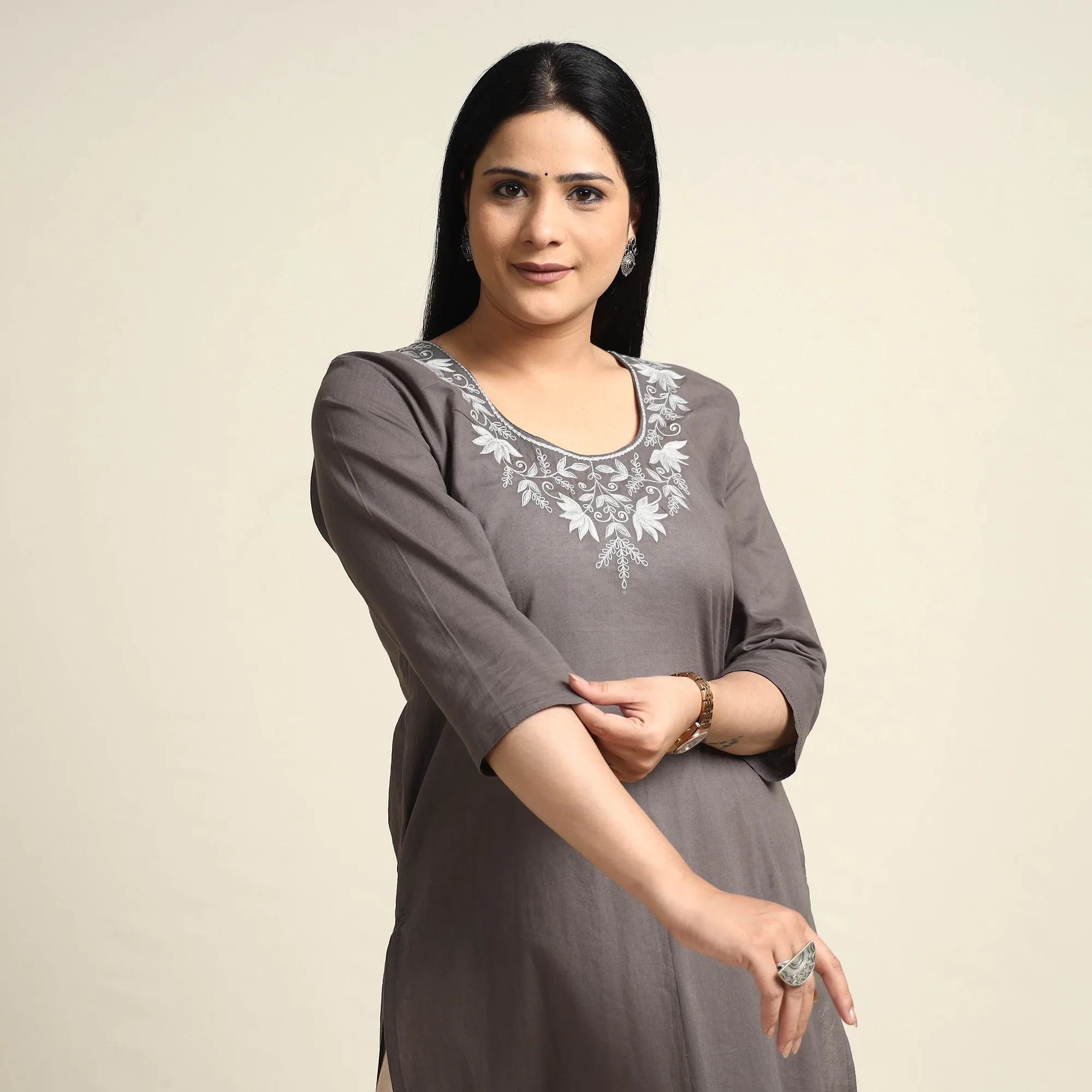 Brown - Hand Embroidery Plain Cotton Long Straight Kurta sold by Itokri product image thumbnail 3