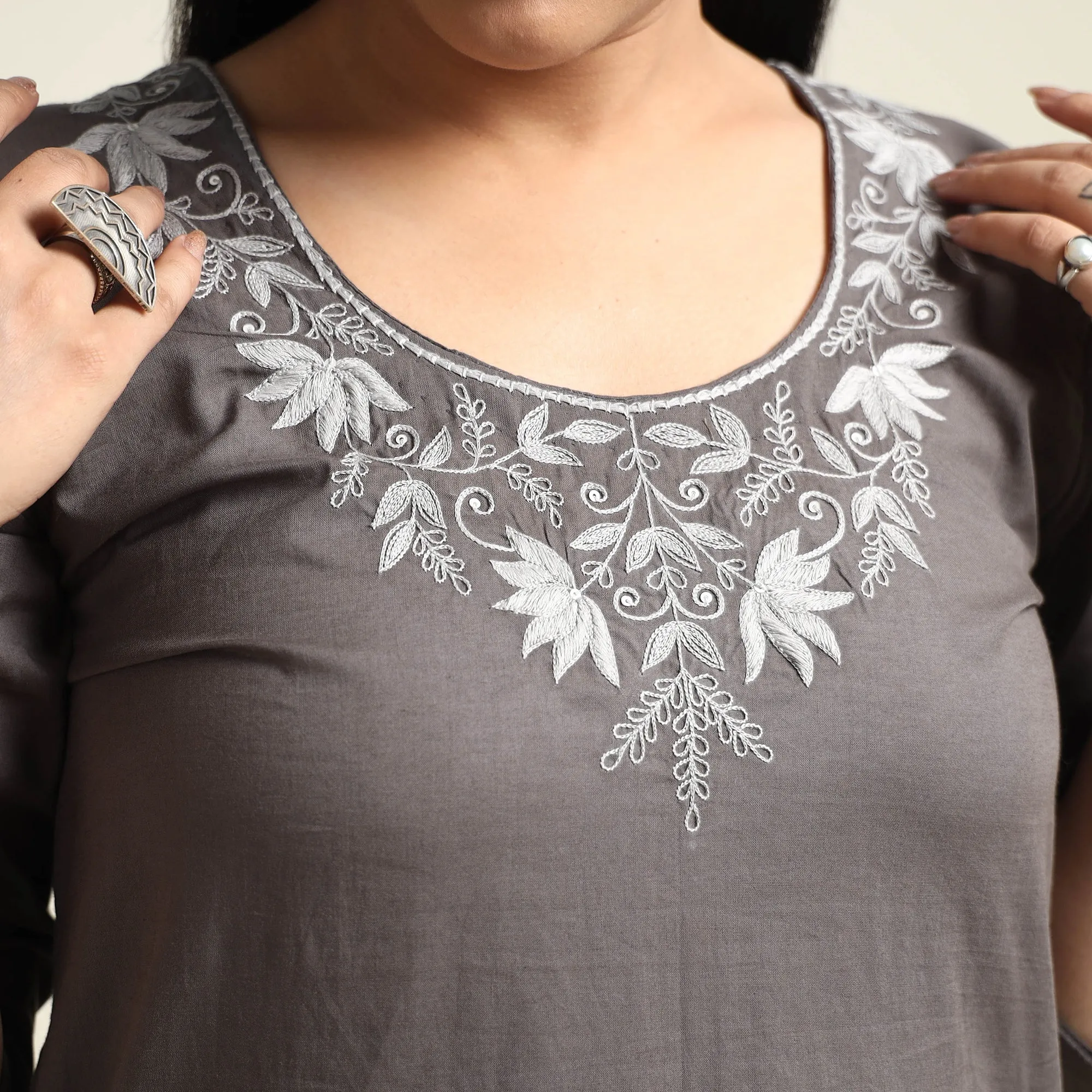 Brown - Hand Embroidery Plain Cotton Long Straight Kurta sold by Itokri product image thumbnail 4