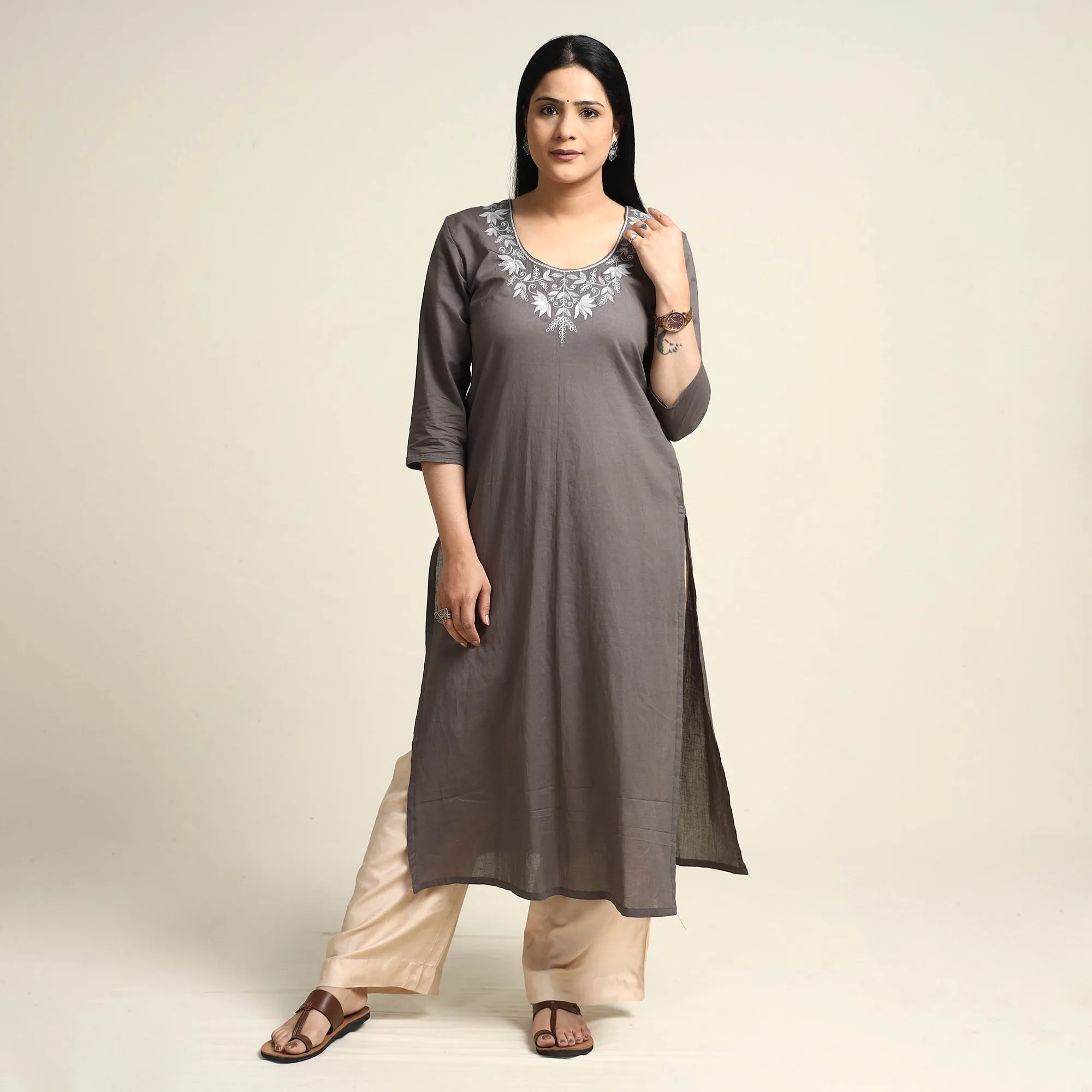 Brown - Hand Embroidery Plain Cotton Long Straight Kurta sold by Itokri product image thumbnail 2