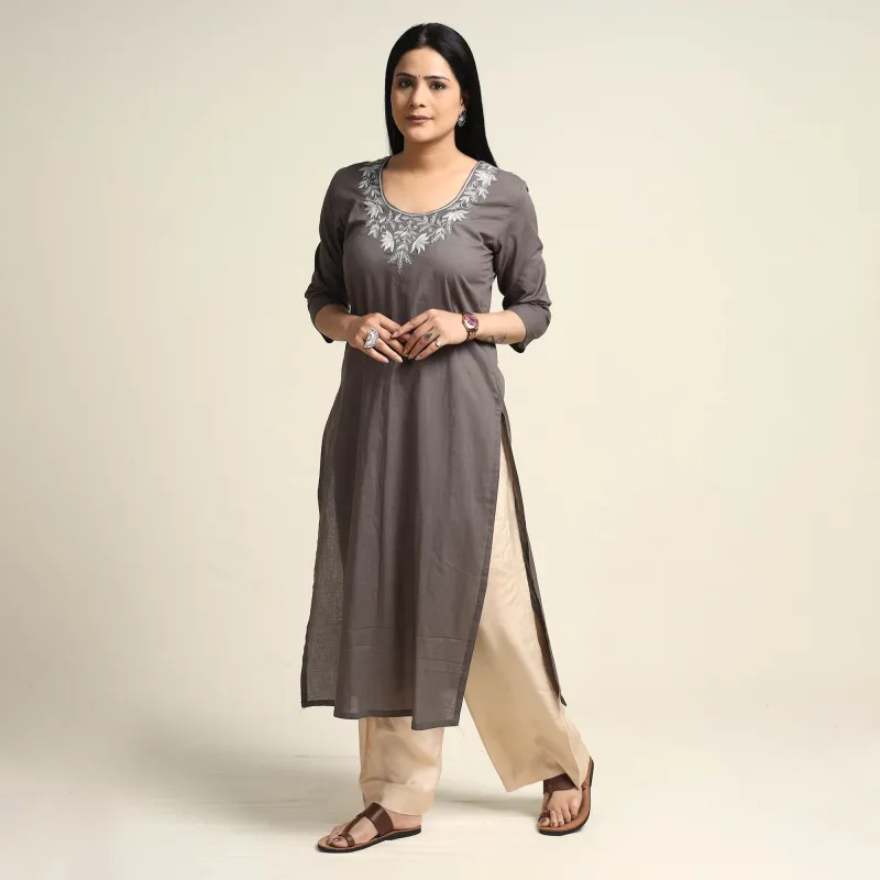 Brown - Hand Embroidery Plain Cotton Long Straight Kurta made by Itokri
