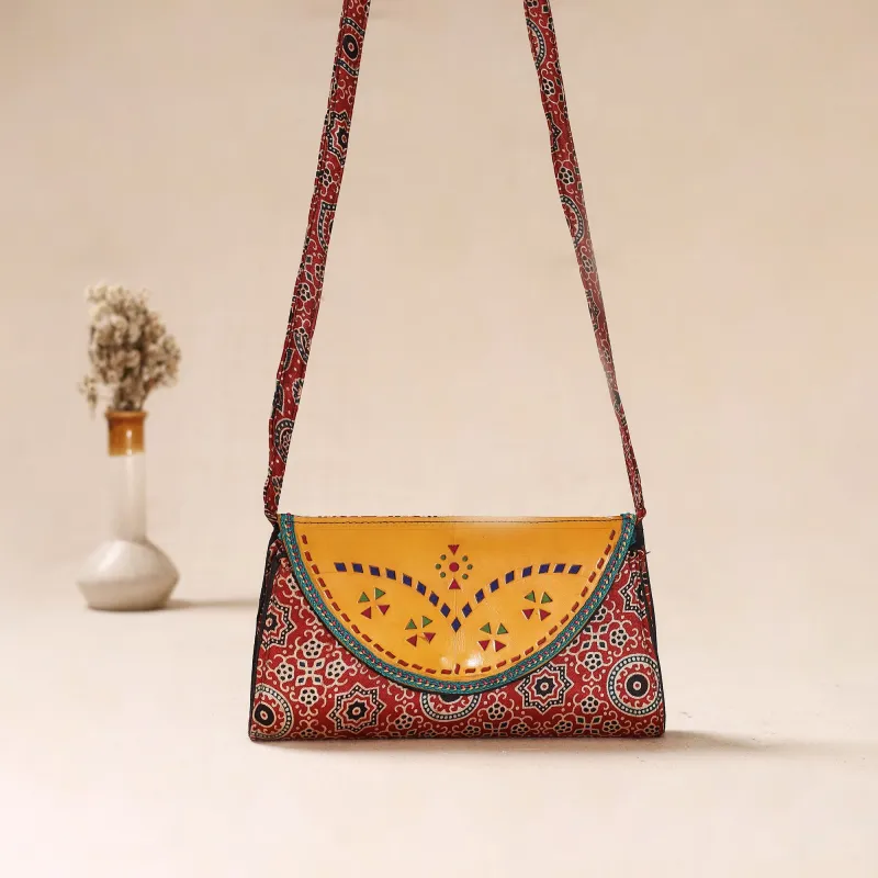 Traditional Kutch Mashru Silk Leather Flap Sling Bag 40 made by Itokri
