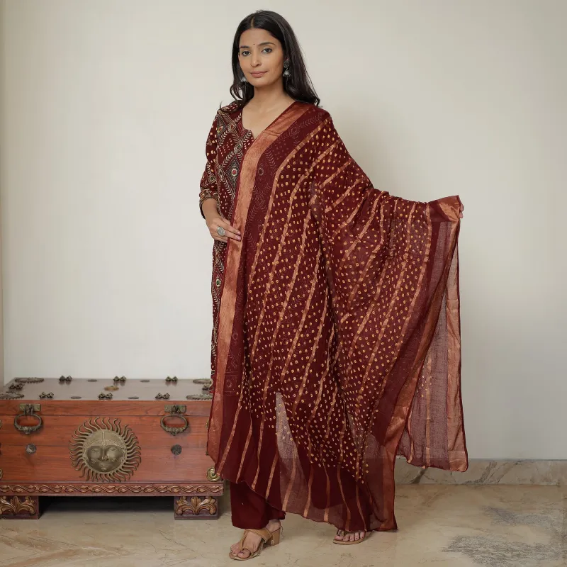 Maroon - Bandhani Tie-Dye Zari Work Cotton Kurta with Palazzo & Dupatta Set 04 made by Itokri