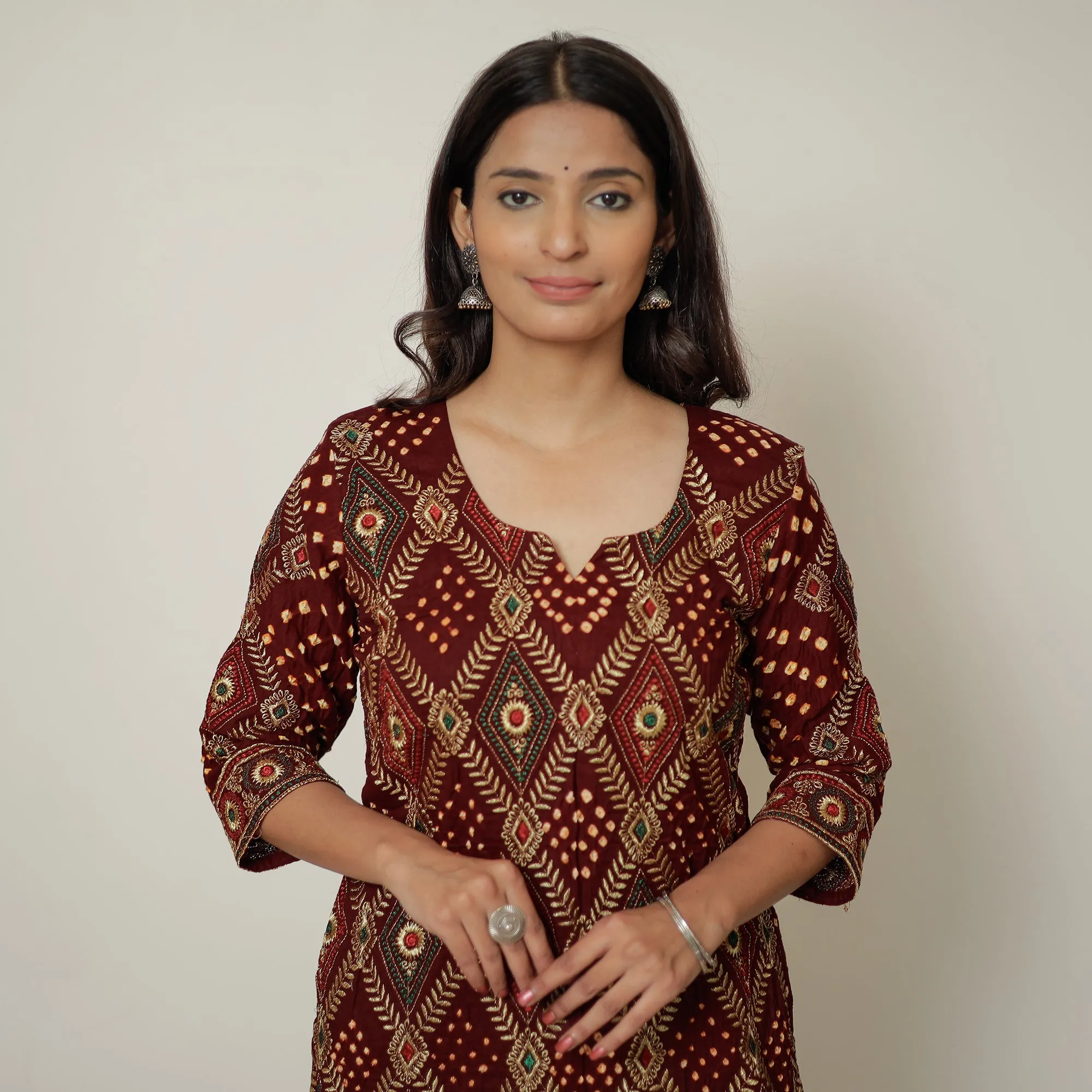 Maroon - Bandhani Tie-Dye Zari Work Cotton Kurta with Palazzo & Dupatta Set 04 sold by Itokri product image thumbnail 4