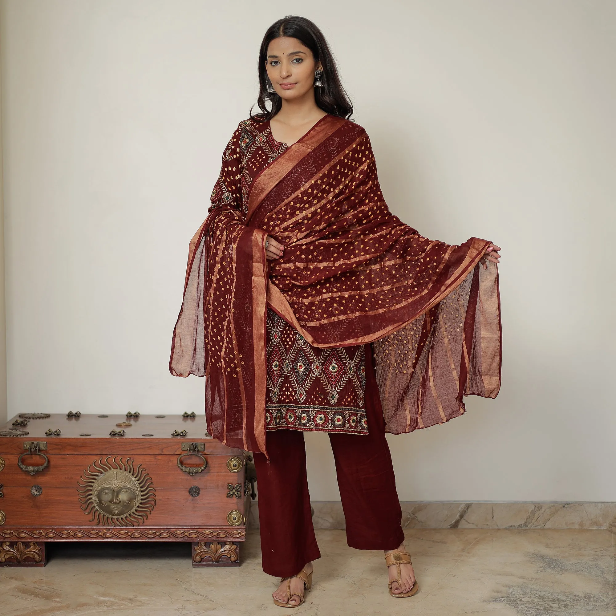 Maroon - Bandhani Tie-Dye Zari Work Cotton Kurta with Palazzo & Dupatta Set 04 sold by Itokri product image thumbnail 2