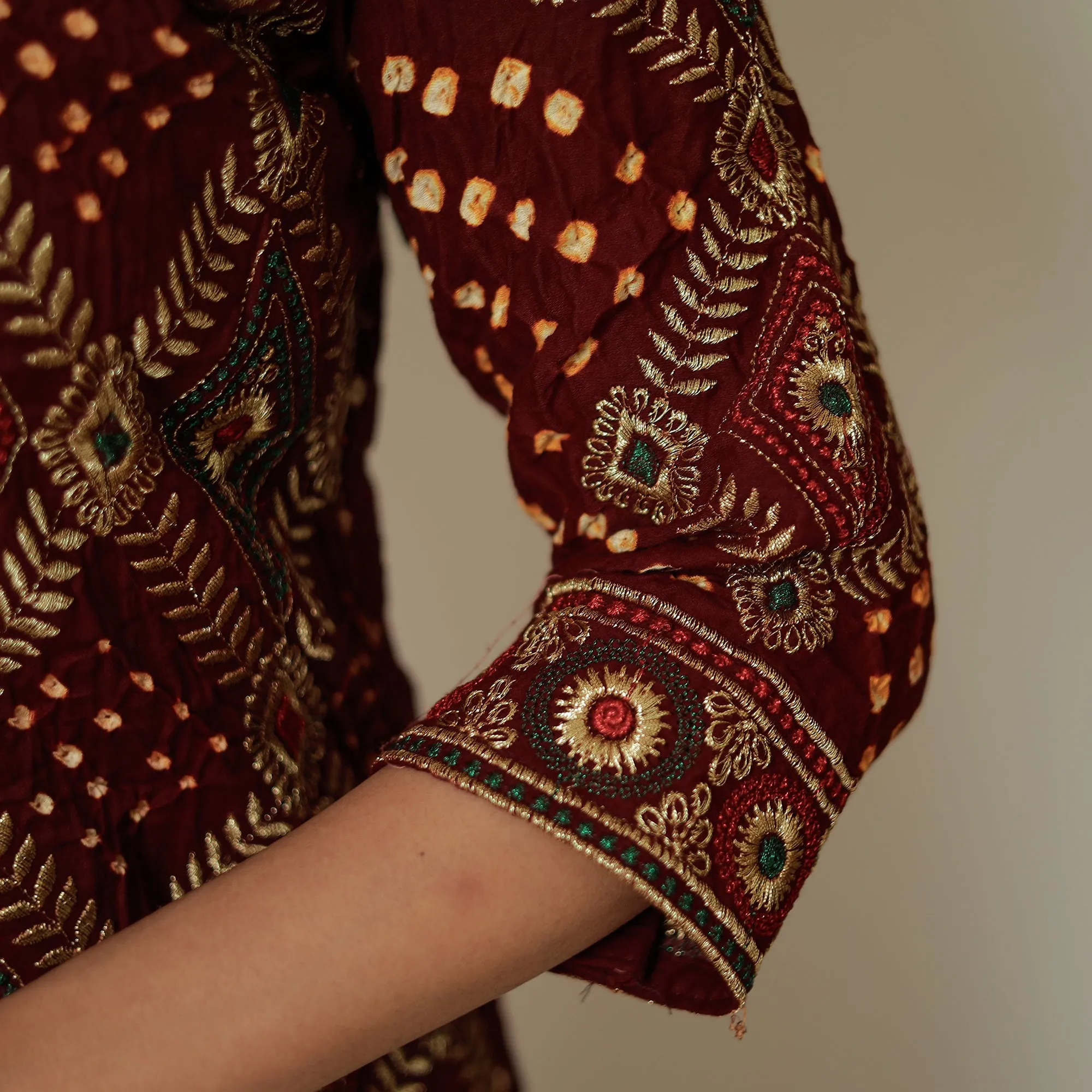 Maroon - Bandhani Tie-Dye Zari Work Cotton Kurta with Palazzo & Dupatta Set 04 sold by Itokri product image thumbnail 5