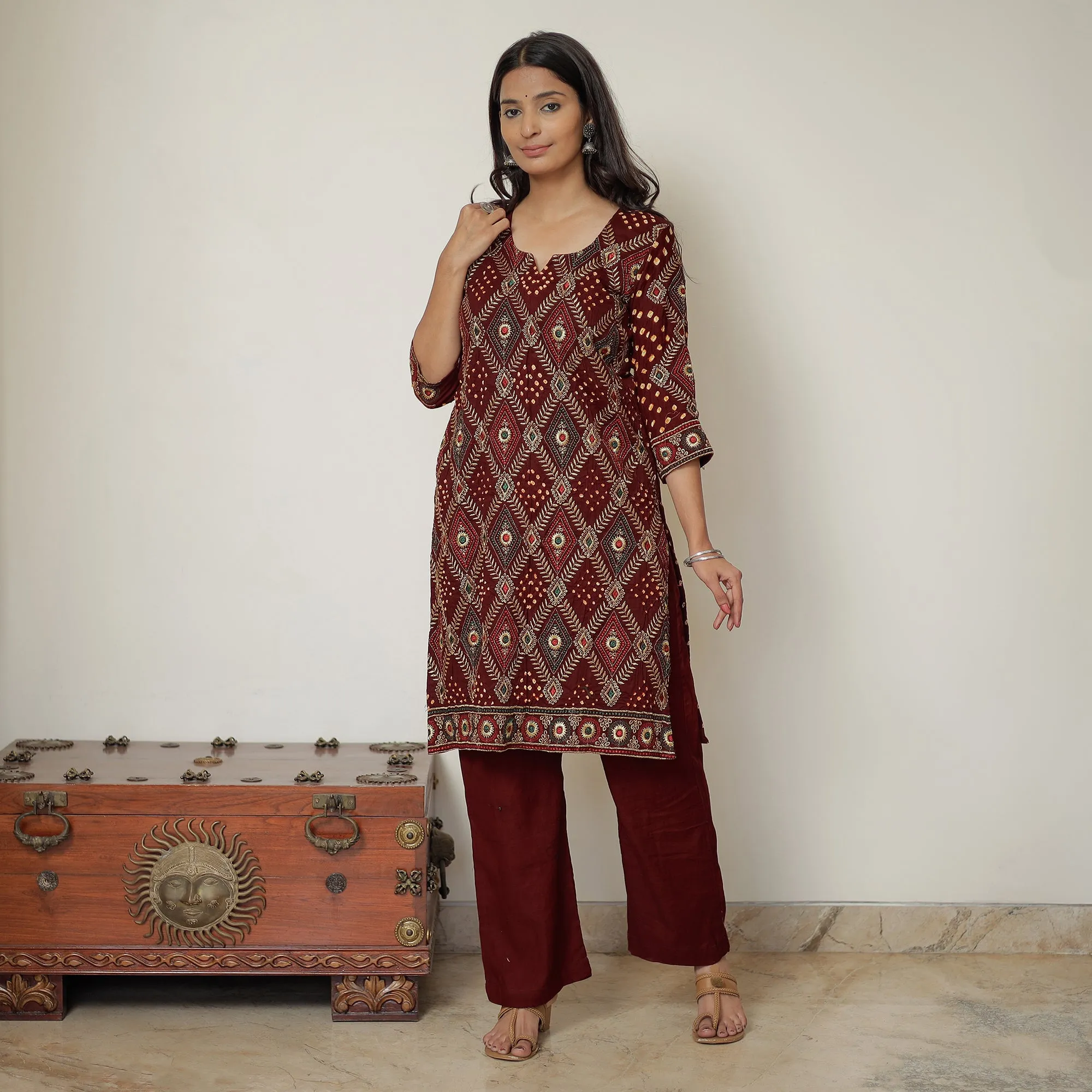 Maroon - Bandhani Tie-Dye Zari Work Cotton Kurta with Palazzo & Dupatta Set 04 sold by Itokri product image thumbnail 3