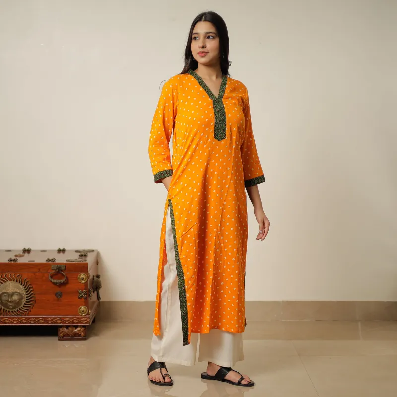 Orange - Bandhani Tie-dye Cotton Long Straight Kurta 05 made by Itokri