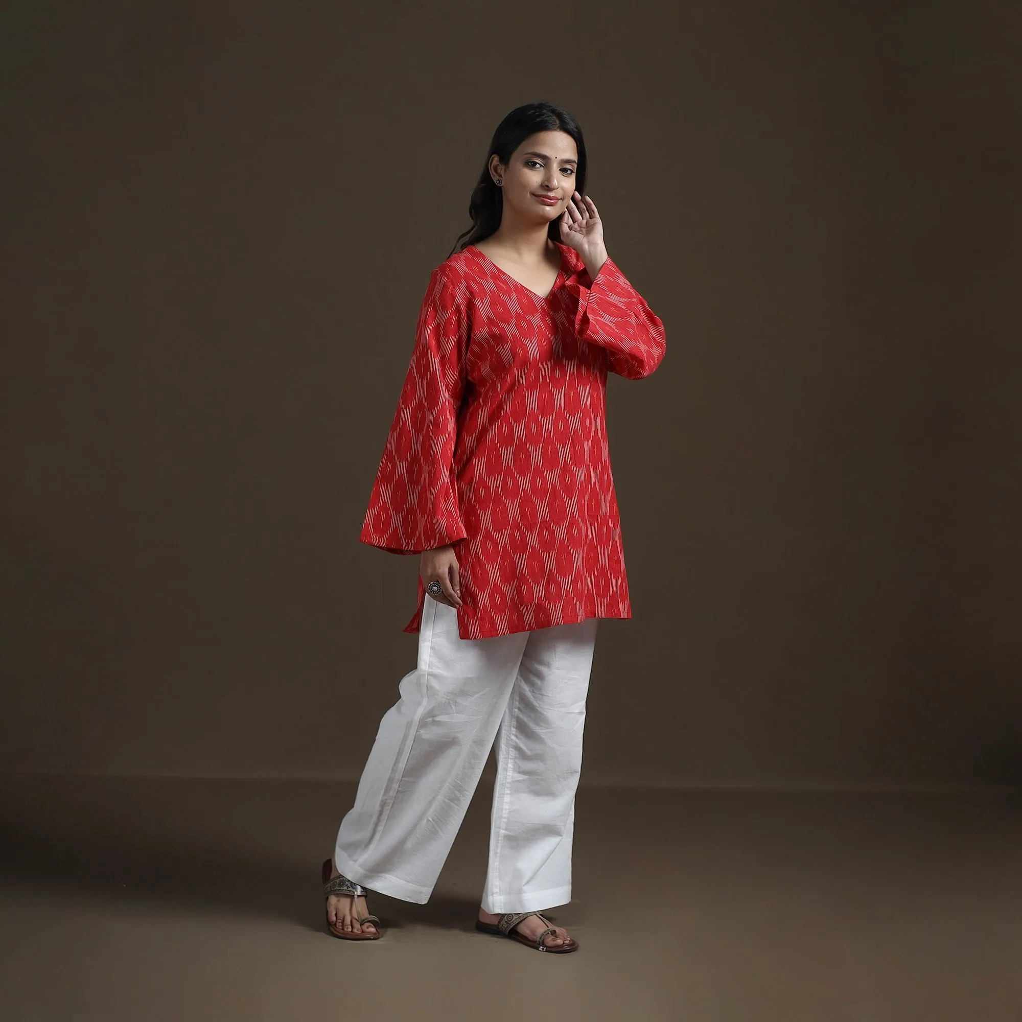 Red - Pochampally Ikat Cotton Short Kurta for Women 22 sold by Itokri product image thumbnail 4