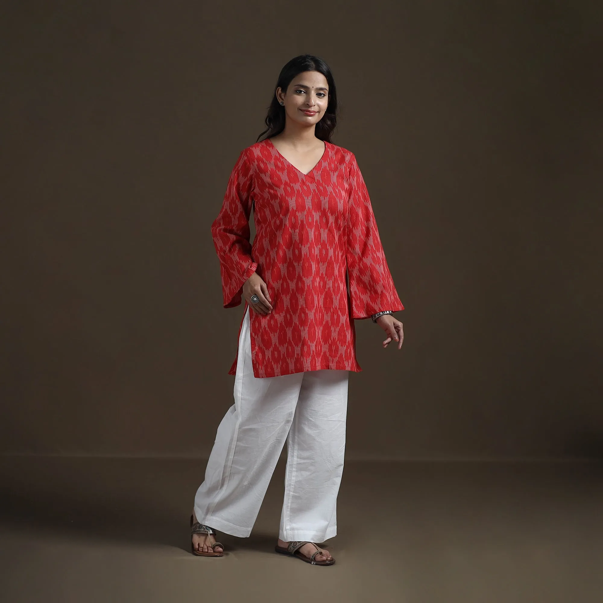 Red - Pochampally Ikat Cotton Short Kurta for Women 22 sold by Itokri