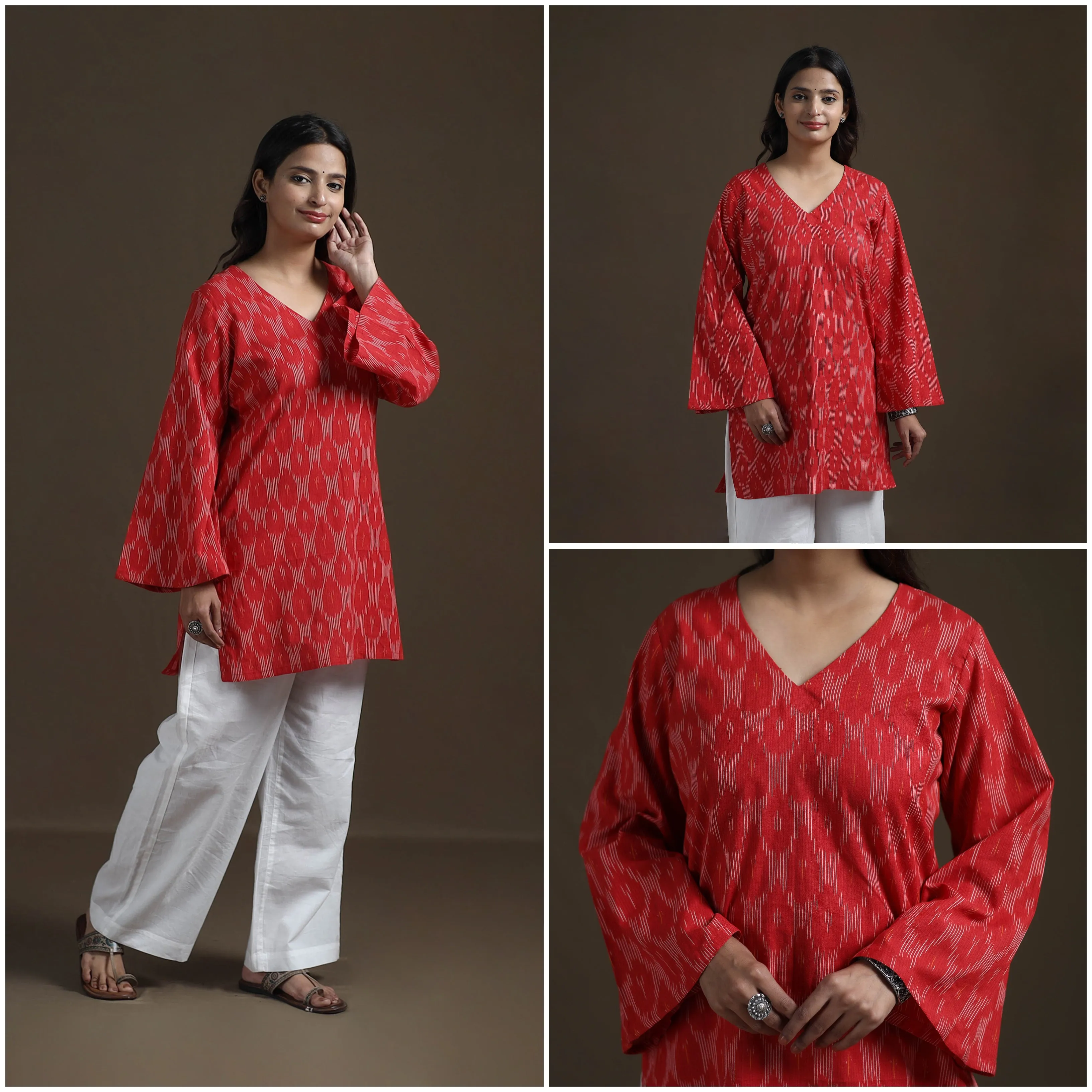 Red - Pochampally Ikat Cotton Short Kurta for Women 22 sold by Itokri product image thumbnail 3