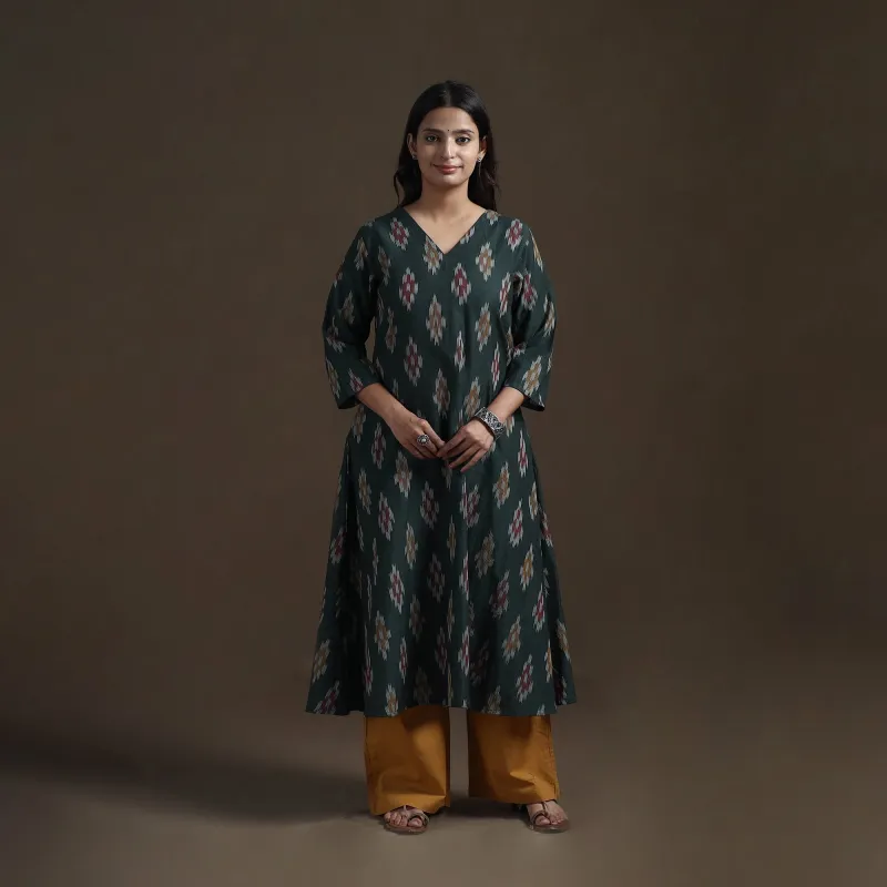 Green - Cotton A-Line Pochampally Ikat Long Kurta for Women 05 made by Itokri
