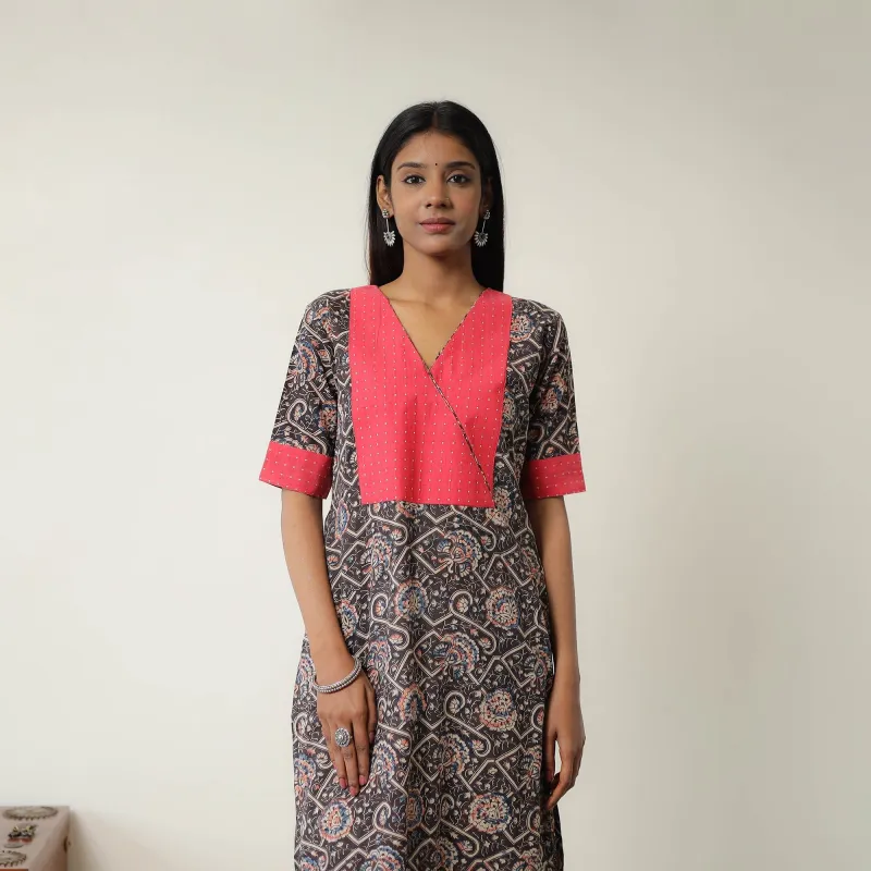 Brown - Natural Dyed Block Print Cotton Kalamkari Long Kurta 03 made by Itokri