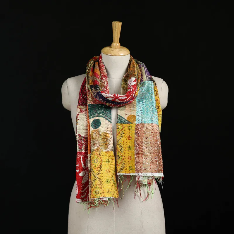Bengal Kantha Handwork Patchwork Reversible Silk Stole 157 made by Itokri