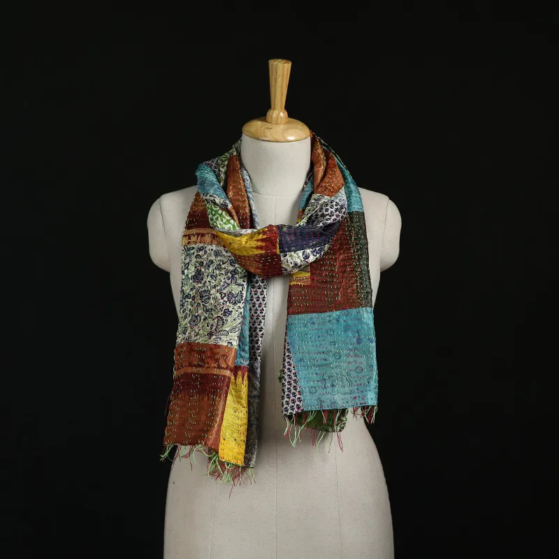 Bengal Kantha Handwork Patchwork Reversible Silk Stole 95 made by Itokri