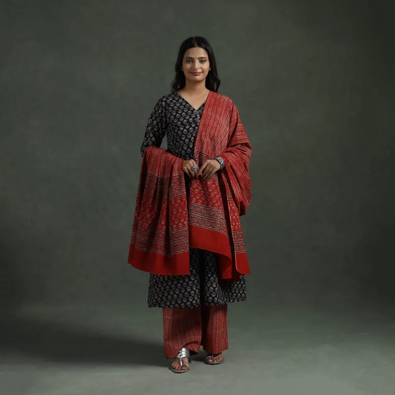 Black - Ajrakh Hand Block Print Natural Dyed Cotton Suit Set with Dupatta for women 05 made by Itokri