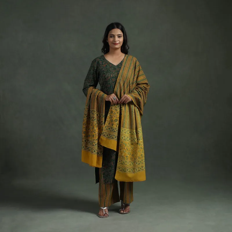 Green - Ajrakh Hand Block Print Natural Dyed Cotton Suit Set with Dupatta for women 04 made by Itokri