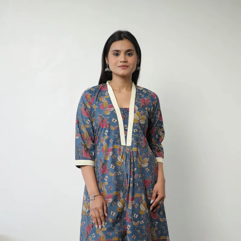 Blue - Printed Cotton Flared Kalamkari Kurta with Patchwork 01 made by Itokri
