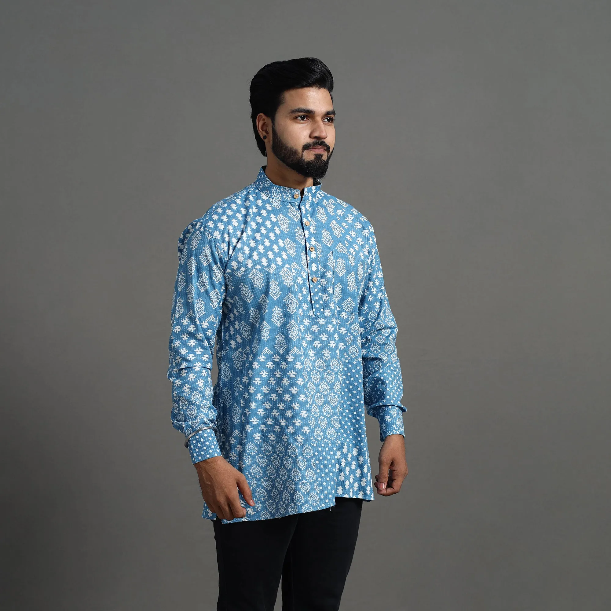 Kantha Stitch Cotton Short Sanganeri Kurta for Men 10 sold by Itokri product image thumbnail 2