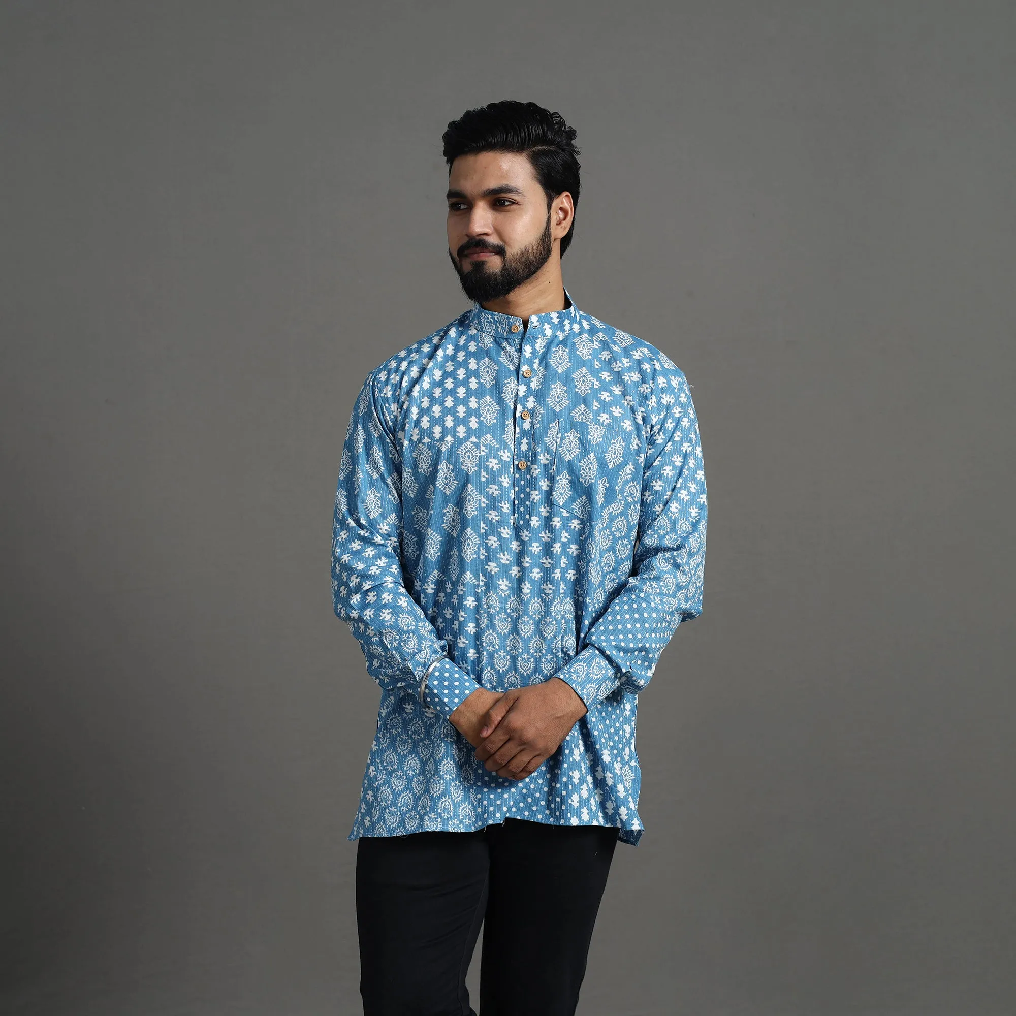 Kantha Stitch Cotton Short Sanganeri Kurta for Men 10 sold by Itokri product image thumbnail 5
