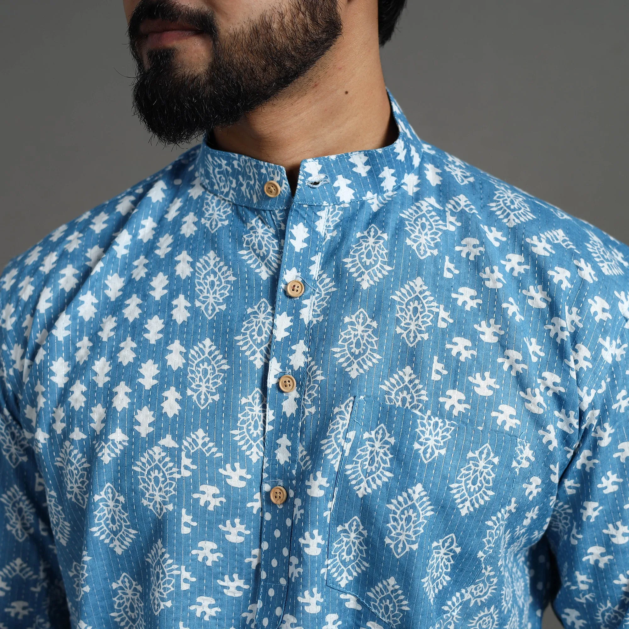 Kantha Stitch Cotton Short Sanganeri Kurta for Men 10 sold by Itokri product image thumbnail 3