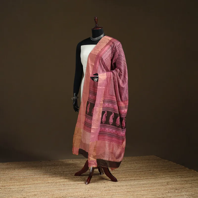 Pink - Bagh Hand Block Print Natural Dyed Tissue Zari Chanderi Silk Dupatta 45 made by Itokri