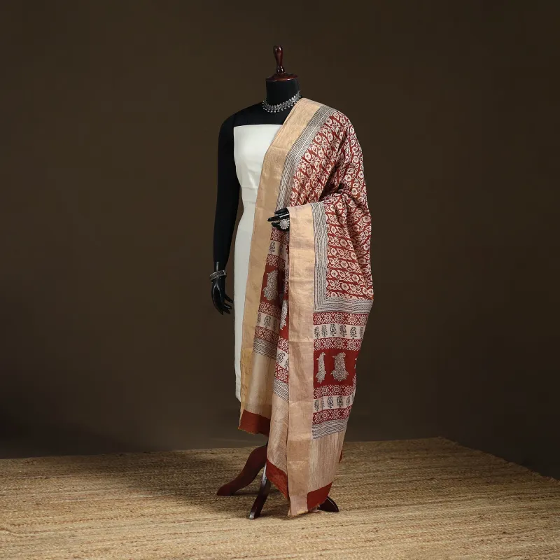 Multicolor - Maroon - Bagh Hand Block Print Natural Dyed Tissue Zari Chanderi Silk Dupatta 21 made by Itokri