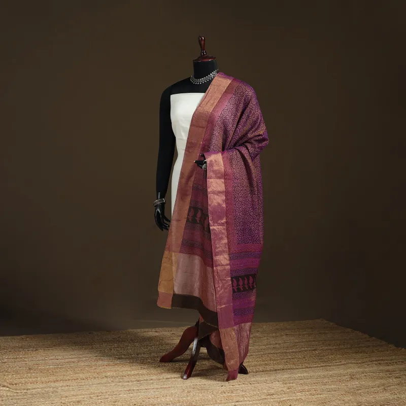 Purple - Bagh Hand Block Print Natural Dyed Tissue Zari Chanderi Silk Dupatta 15 made by Itokri