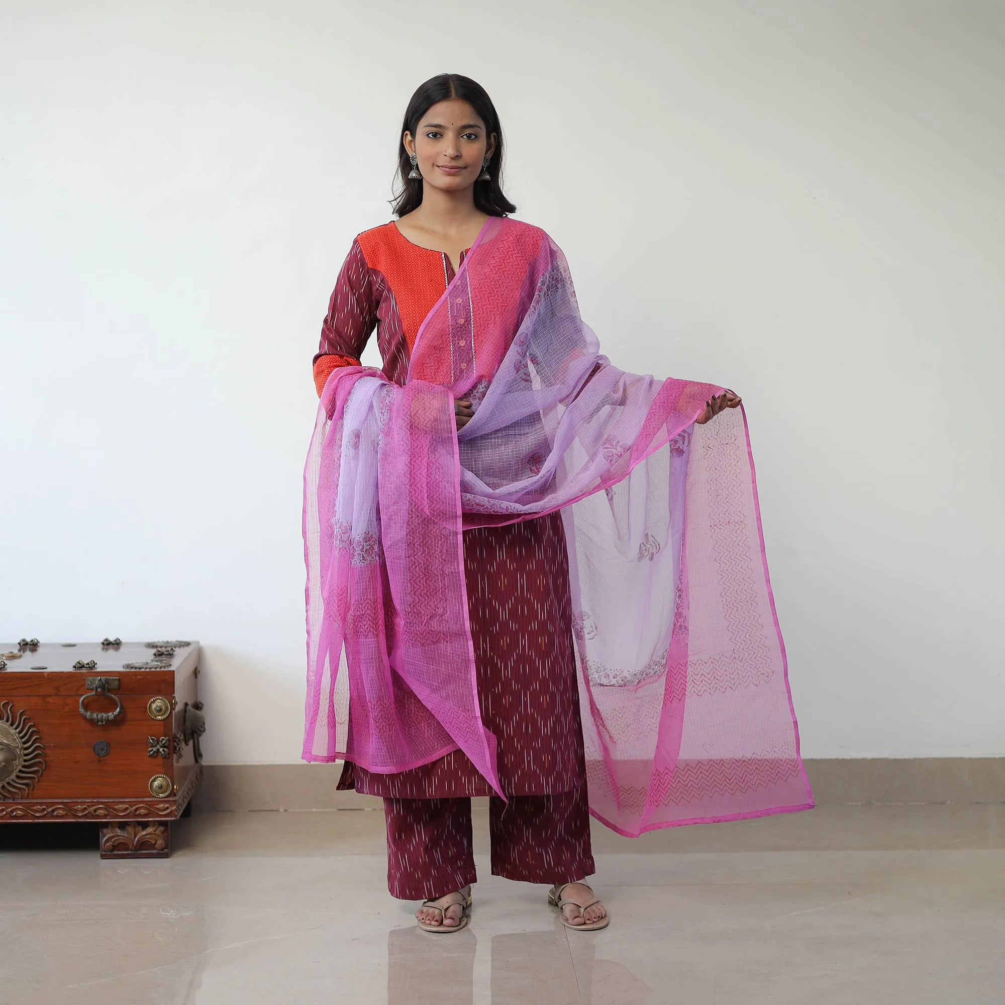Purple - Handloom Cotton Pochampally Ikat Kurta Set with Dupatta 05 sold by Itokri product image thumbnail 3