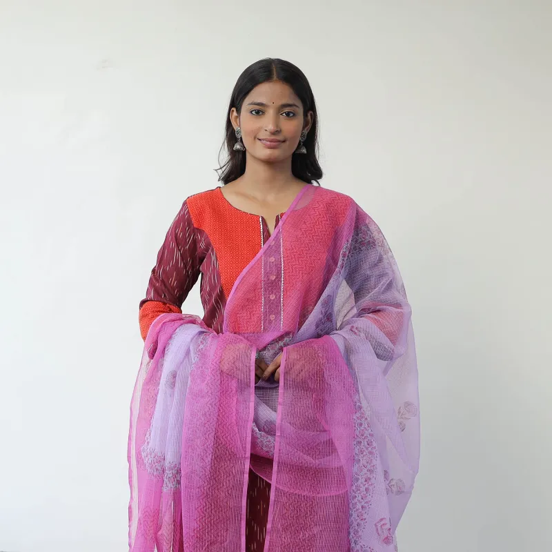 Purple - Handloom Cotton Pochampally Ikat Kurta Set with Dupatta 05 made by Itokri