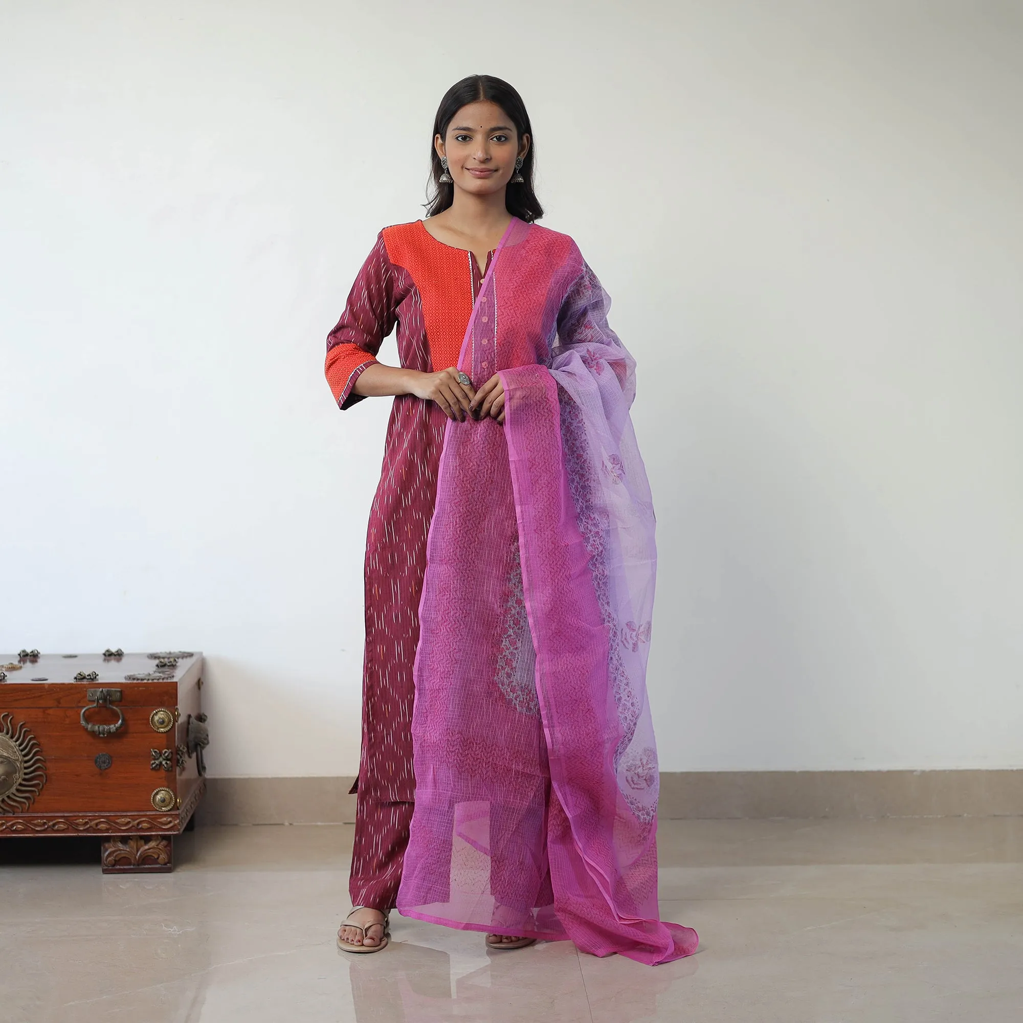 Purple - Handloom Cotton Pochampally Ikat Kurta Set with Dupatta 05 sold by Itokri product image thumbnail 2
