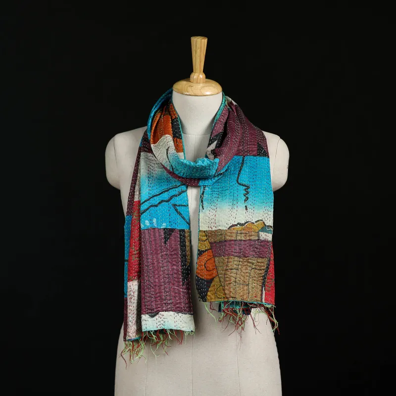 Bengal Kantha Handwork Patchwork Reversible Silk Stole 189 made by Itokri