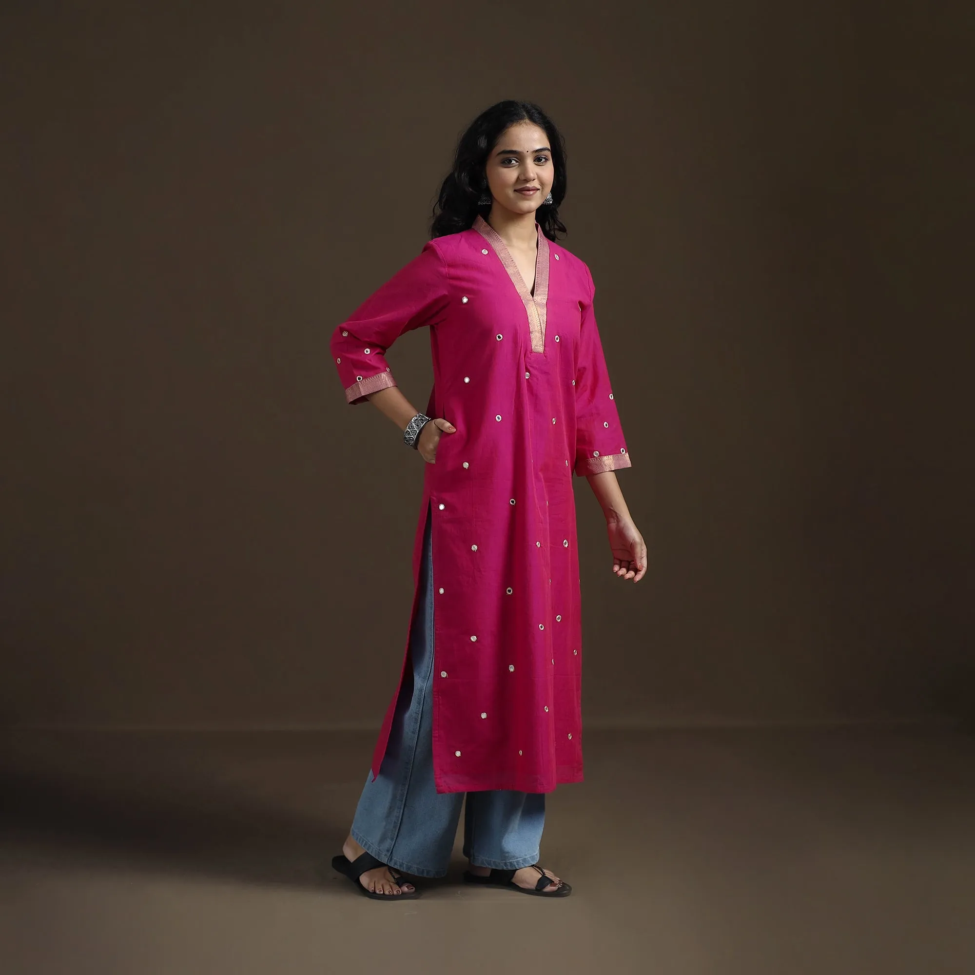 Pink - Mangalagiri Pure Handwoven Cotton Mirror Work Straight Long Kurta for women 12 sold by Itokri product image thumbnail 2