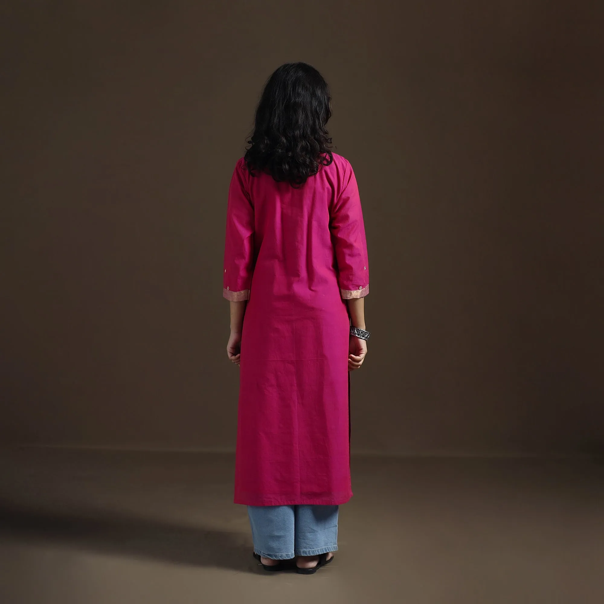 Pink - Mangalagiri Pure Handwoven Cotton Mirror Work Straight Long Kurta for women 12 sold by Itokri product image thumbnail 5