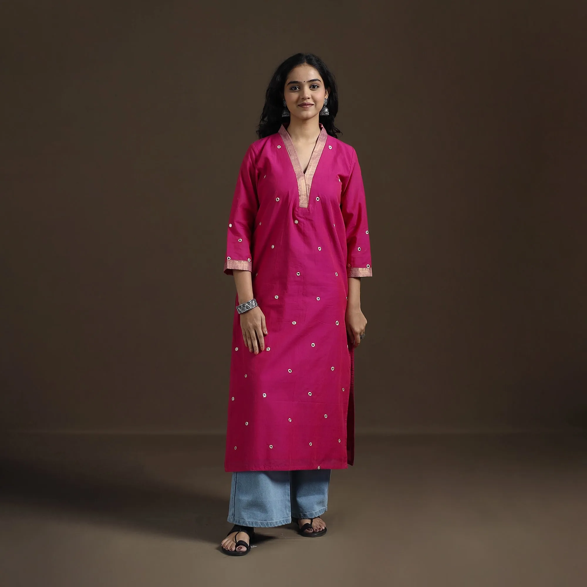 Pink - Mangalagiri Pure Handwoven Cotton Mirror Work Straight Long Kurta for women 12 sold by Itokri product image thumbnail 4