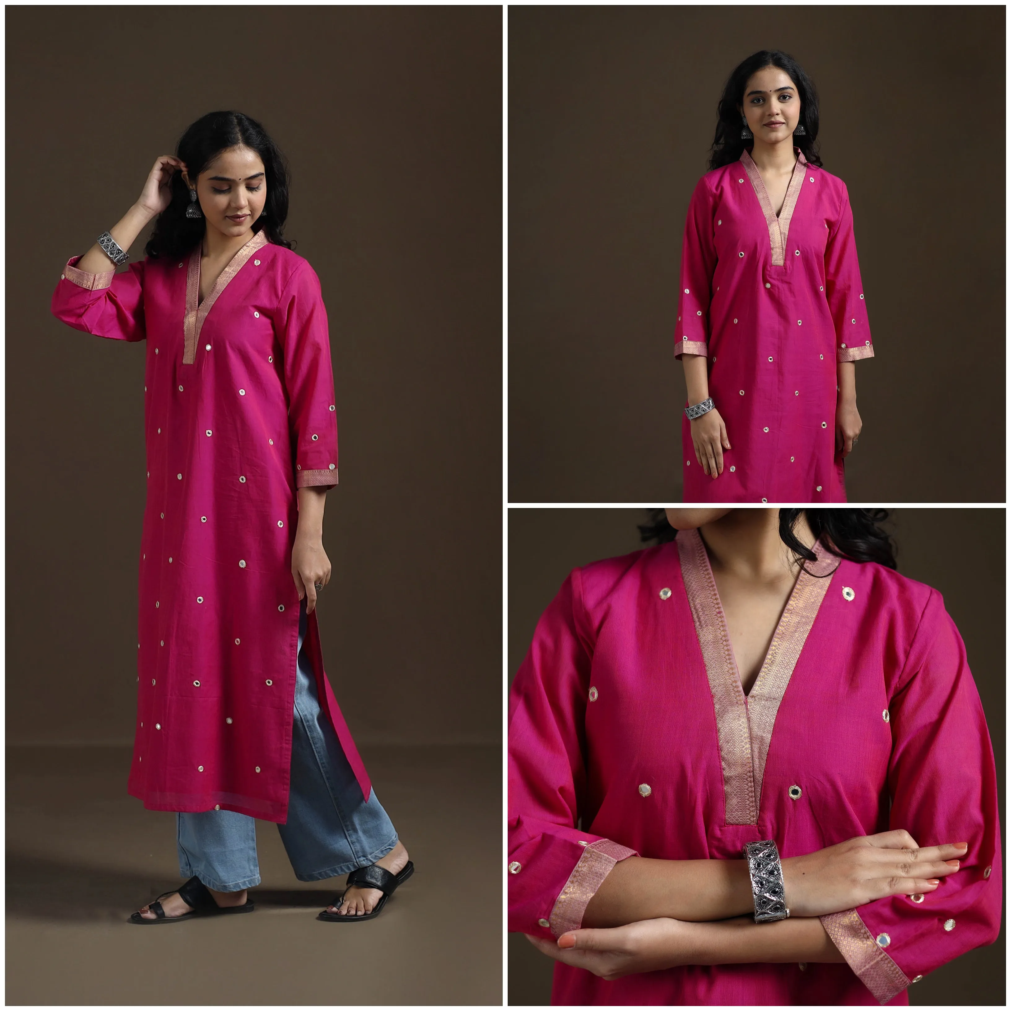 Pink - Mangalagiri Pure Handwoven Cotton Mirror Work Straight Long Kurta for women 12 sold by Itokri product image thumbnail 3