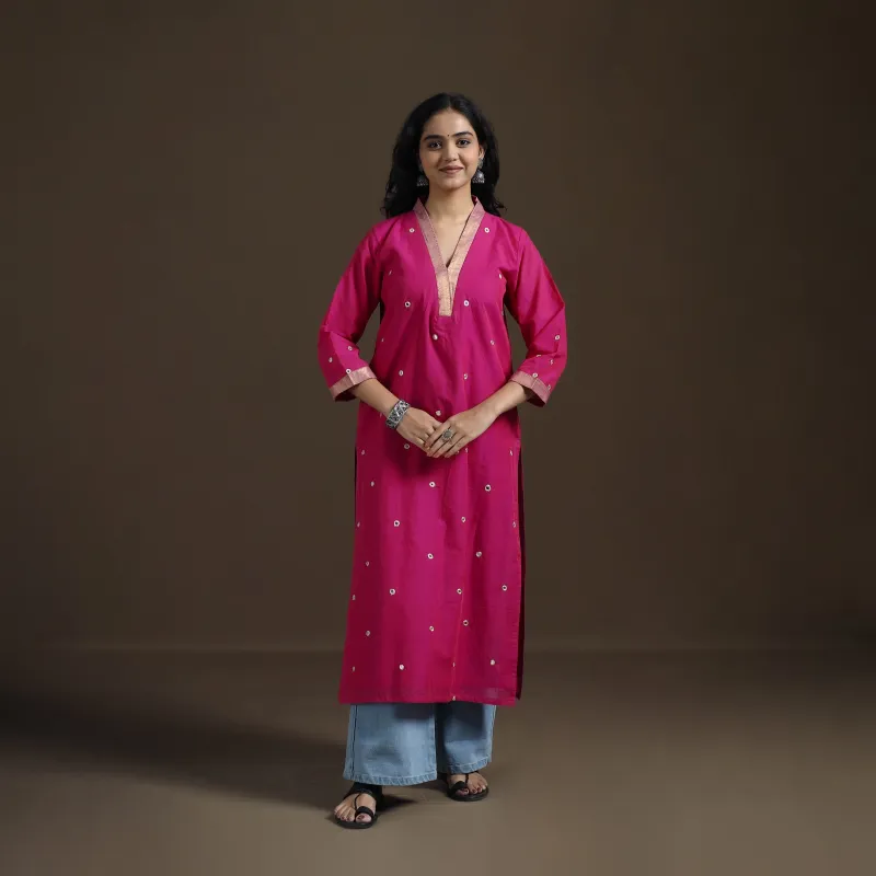 Pink - Mangalagiri Pure Handwoven Cotton Mirror Work Straight Long Kurta for women 12 made by Itokri