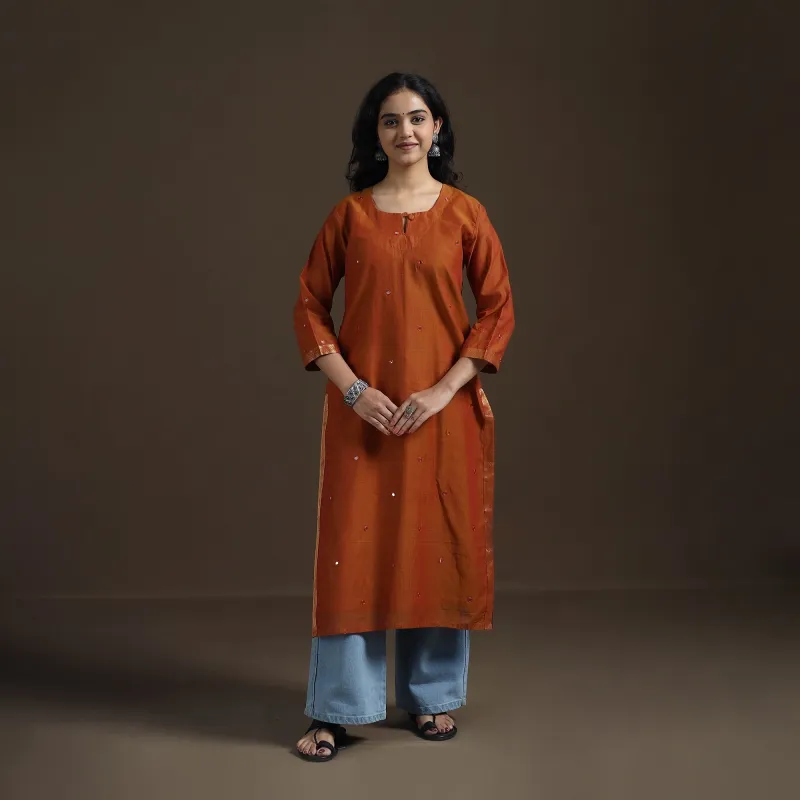 Orange - Mangalagiri Pure Handwoven Cotton Mirror Work Straight Long Kurta for women 08 made by Itokri