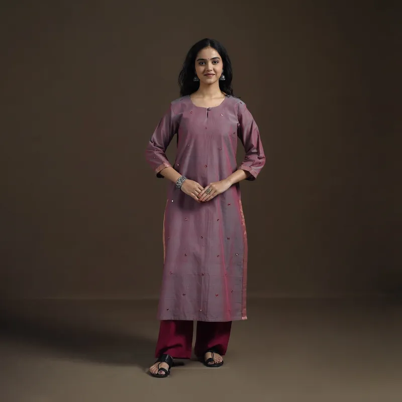 Purple - Mangalagiri Pure Handwoven Cotton Mirror Work Straight Long Kurta for women 06 made by Itokri