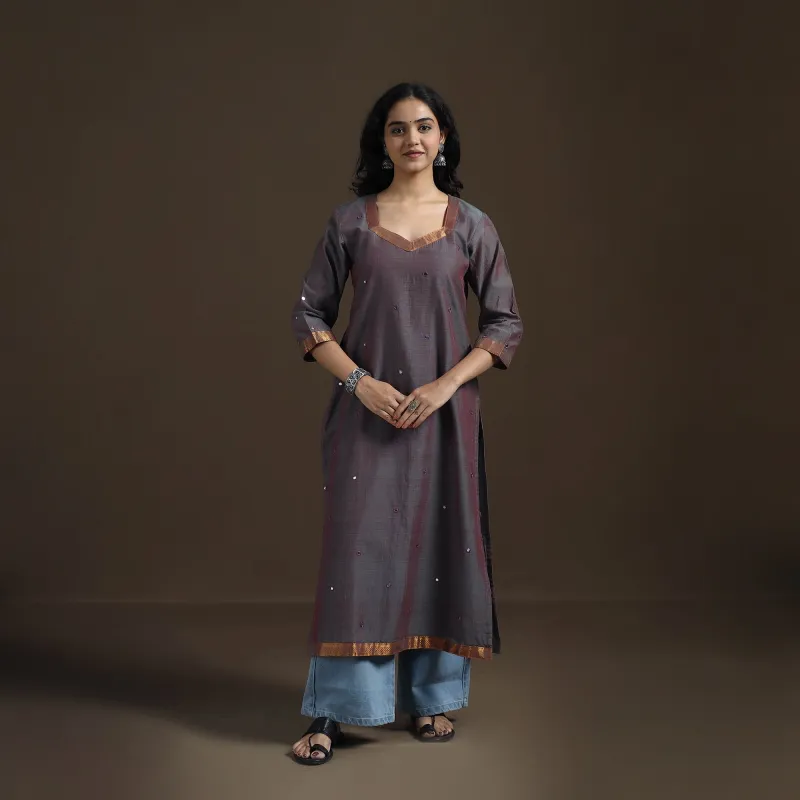 Grey - Mangalagiri Pure Handwoven Cotton Mirror Work Straight Long Kurta for women 03 made by Itokri