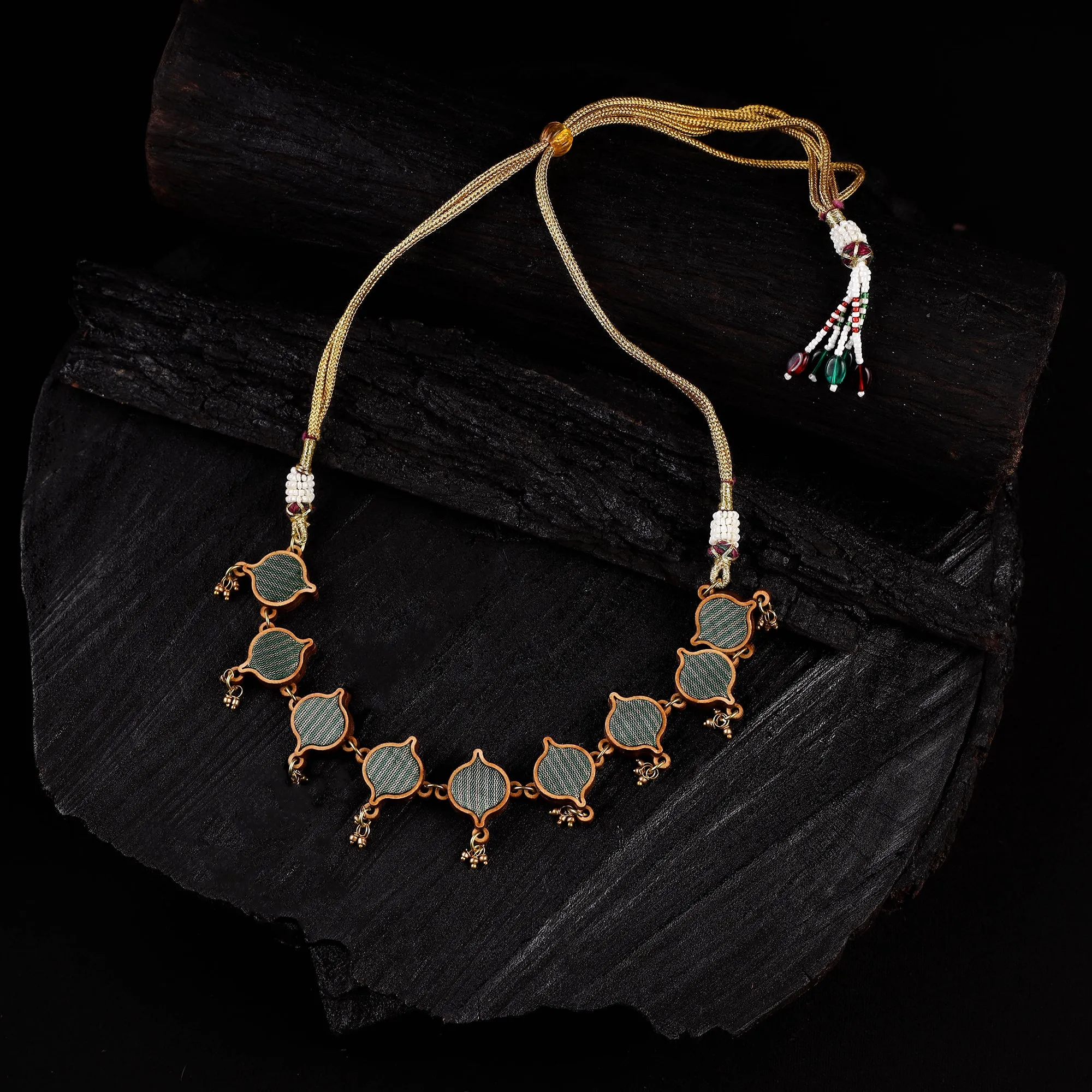 WHE Green Festive Repurposed Brocade Fabric & Wood Choker Necklace 05 sold by Itokri