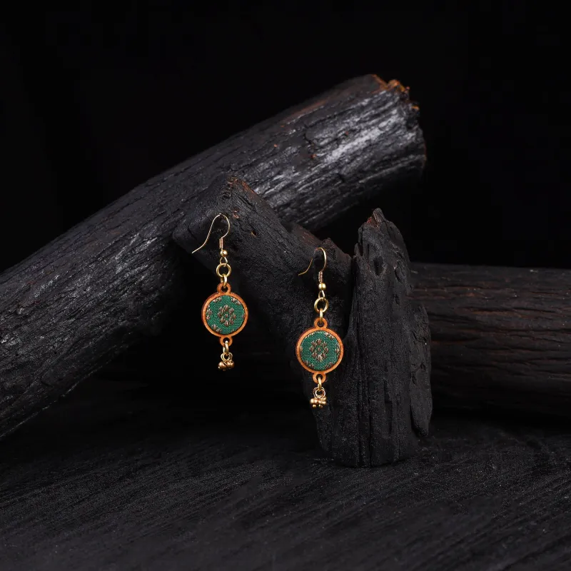 WHE Green Festive Repurposed Banarasi Brocade Fabric & Wood Earrings 22 made by Itokri