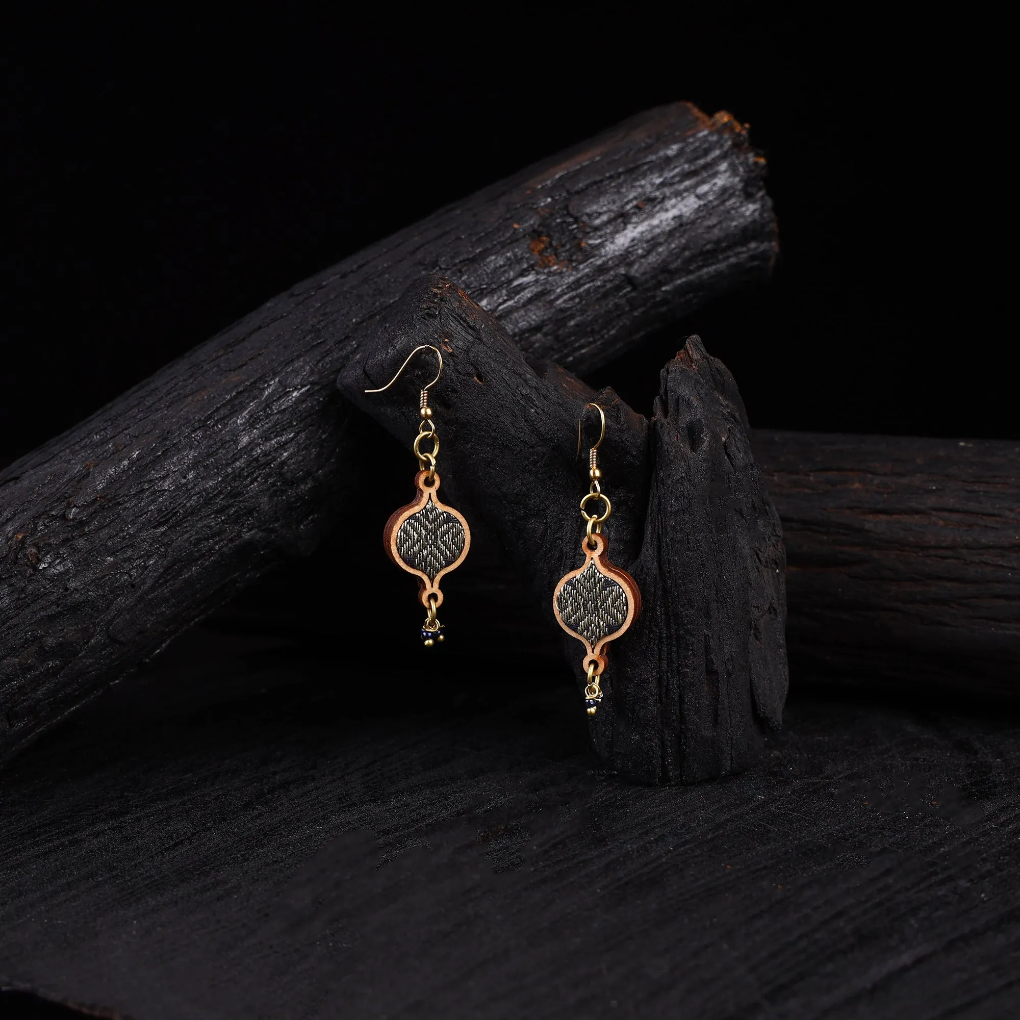 WHE Blue Festive Repurposed Banarasi Brocade Fabric & Wood Earrings 20 sold by Itokri