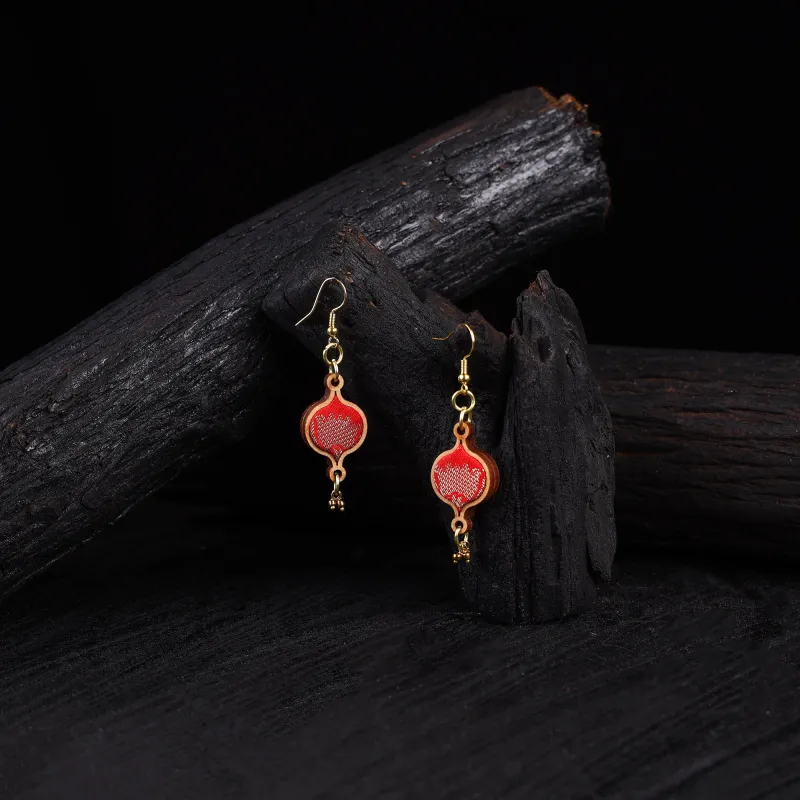 WHE Red Festive Repurposed Banarasi Brocade Fabric & Wood Earrings 19 made by Itokri