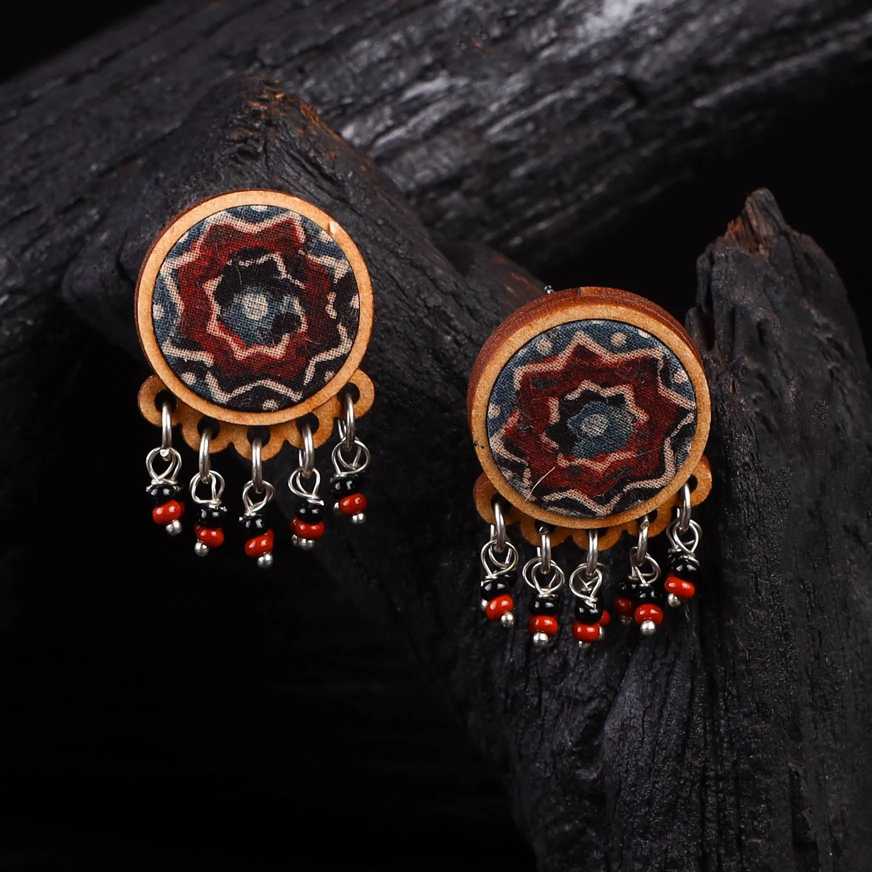WHE Multicolor Repurposed Ajrakh Fabric & Wood Round Studs Earrings 33 sold by Itokri product image thumbnail 2